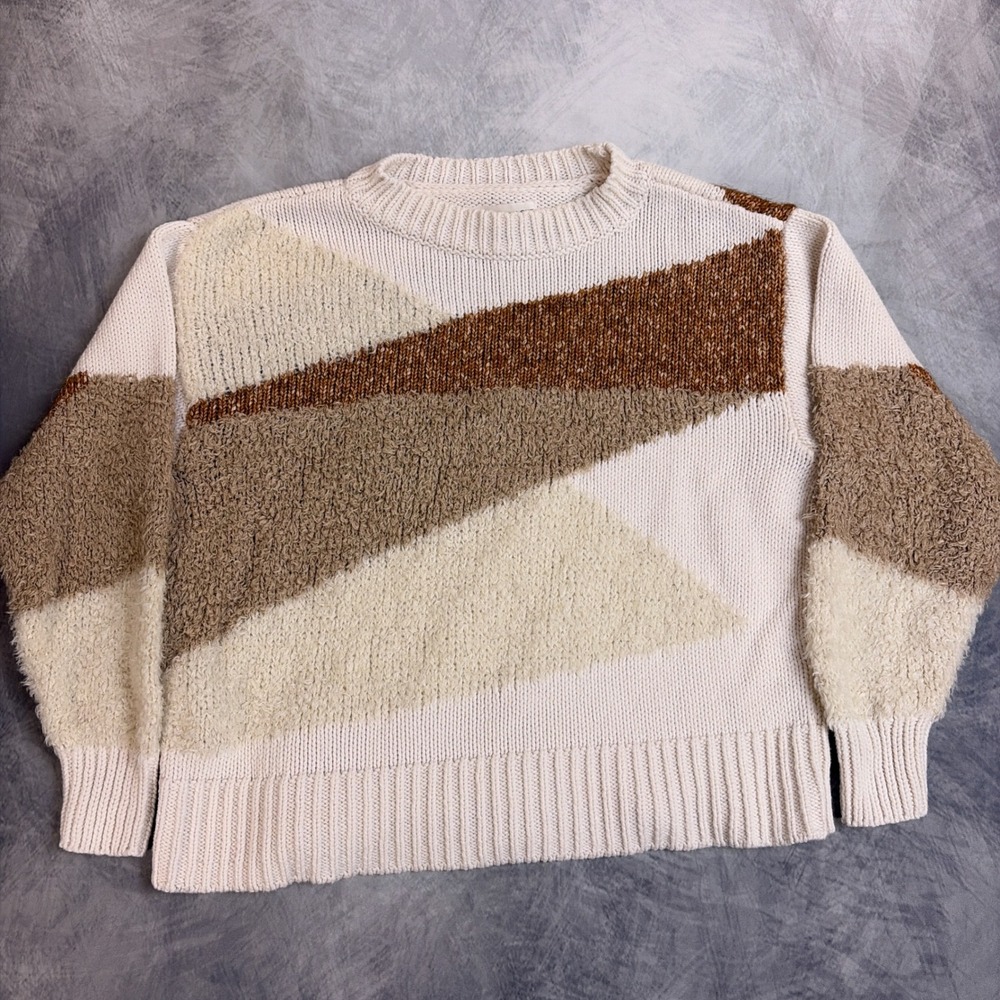 Lou & Grey for LOFT Colorblock Mixed Media Texture Sweater Cream Tan Brown S